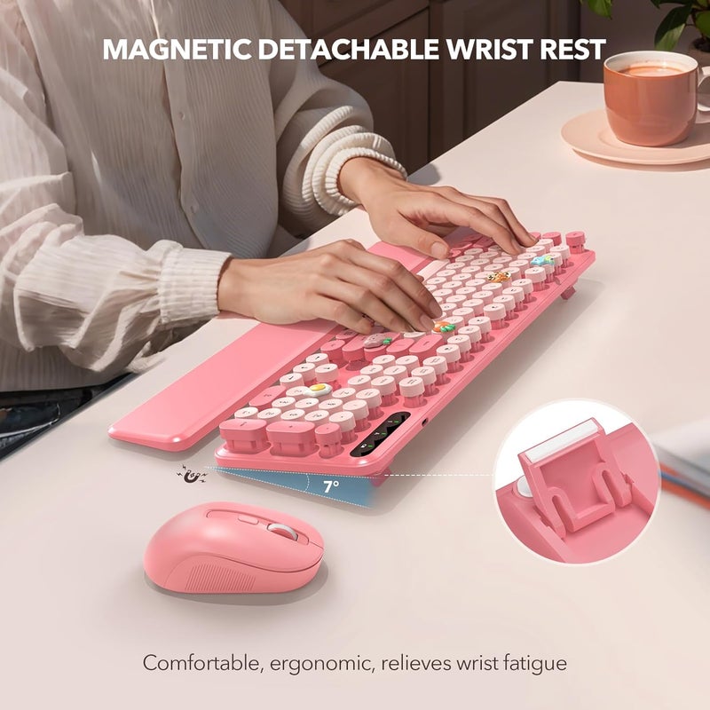 SABLUTE Wireless Keyboard and Mouse Combo, Retro Keyboard with Round Keycaps, Full-Size Typewriter Style Keyboard with Detachable Wrist Rest, 2.4GHz Only Cordless Connection for Windows/PC/Laptop (Baby Pink) - Image 2